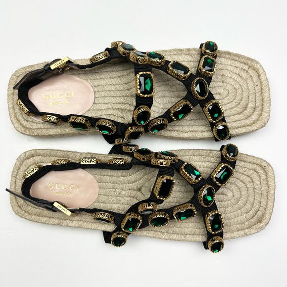 GUCCI Emerald Crystal Embellished Espadrilles Sandals EU 40 US 10 Green Black - Picture 9 of 13